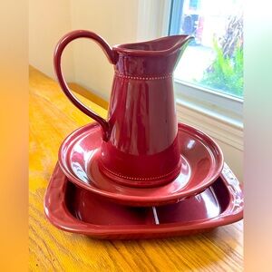 Longaberger woven Traditions tray, pasta serving bowl, Martha Stewart pitcher